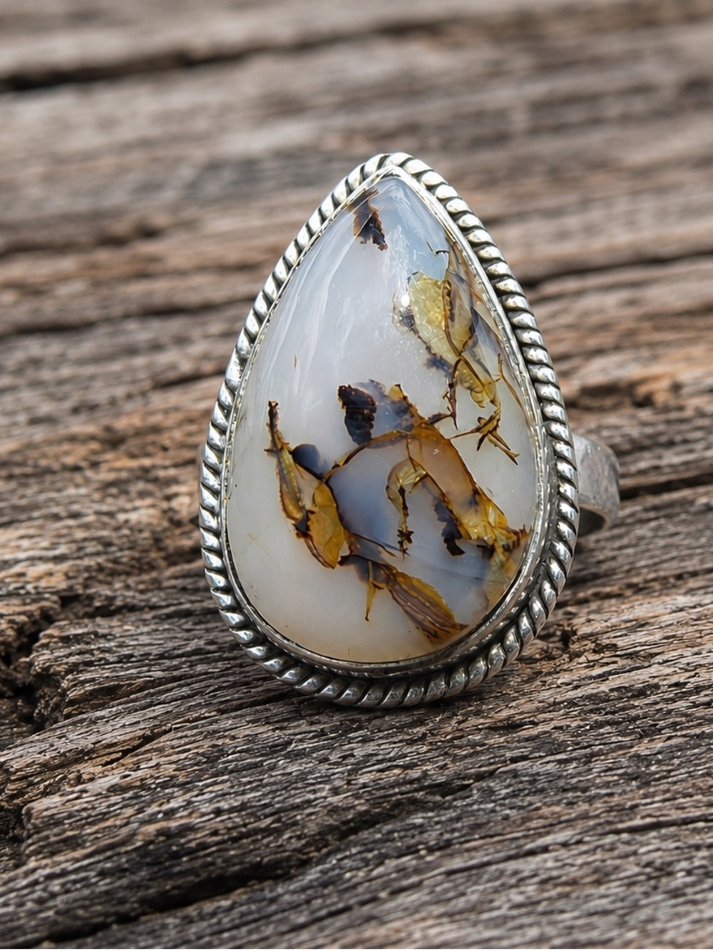 New Sterling Silver Dendritic Agate Picture Stone Ring – Size 6 |Scenic Teardrop